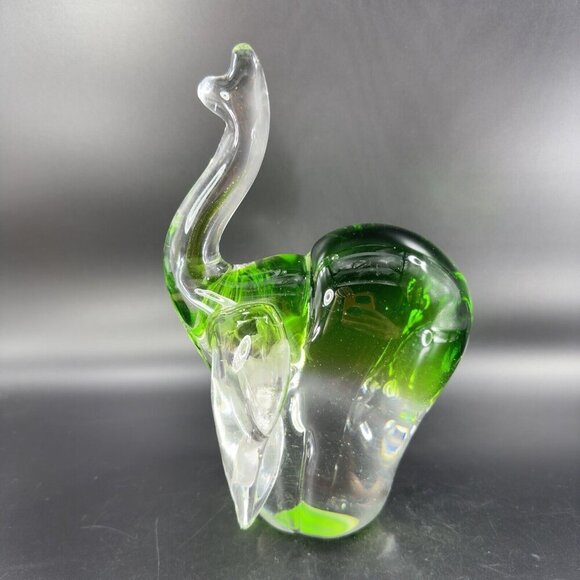 Heavy Glass Elephant Figurine Paperweight With Clear Green Spots Trunk Up Lucky - Picture 15 of 16